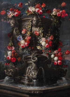 A monumental fountain adorned with garlands