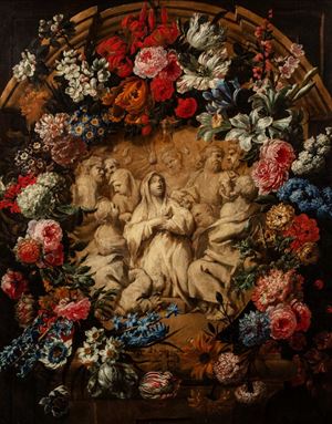 Trompe l'oeil with a marble bas relief representing the Pentecost with flowers