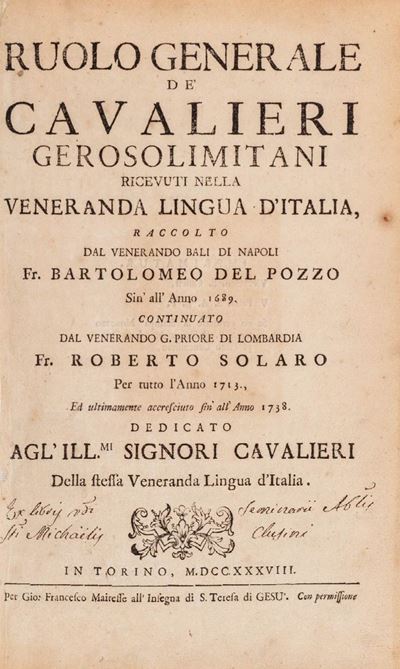 Ruolo generale de' cavalieri gerosolimitani ricevuti nella veneranda lingua d'Italia, 1738