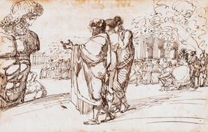 Figures near an ancient colossal statue