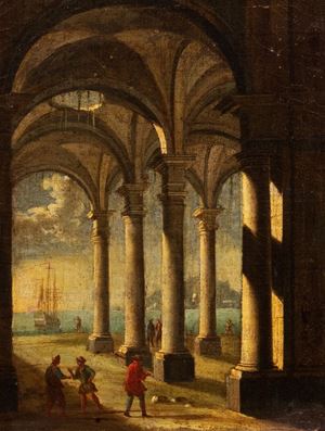 Two architectural capricci with a view of a port, en pendant