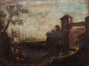 River landscape with a mill, washerwomen in the foreground and fishermen on the shore
