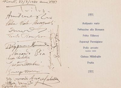 Menu dell'Hotel Bella Vista di Frascati, firmato da Trilussa, 27 febbraio 1930