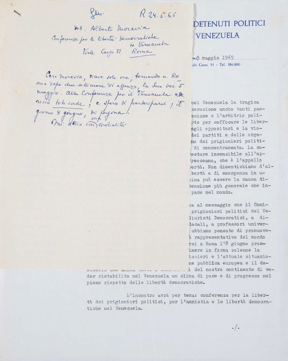 Alberto Moravia - Dattiloscritto firmato - Conferenza Europea per l'amnistia dei detenuti politic...