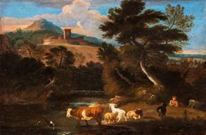 River landscape with shepherds and herds
