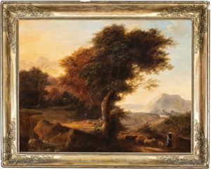 River landscape with a river in the foreground and shepherds in classic clothes 