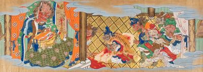 Tre dipinti su carta a colori e oro, Scuola Tosa, periodo Edo