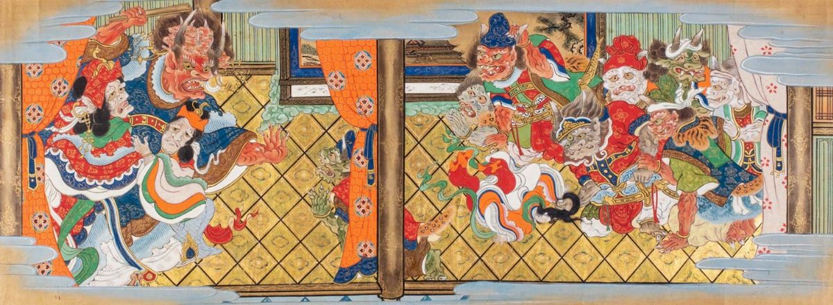 Giappone - Tre dipinti su carta a colori e oro, Scuola Tosa, periodo Edo