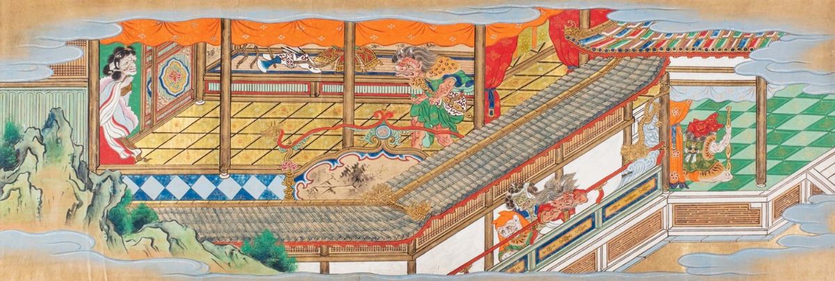 Giappone - Tre dipinti su carta a colori e oro, Scuola Tosa, periodo Edo