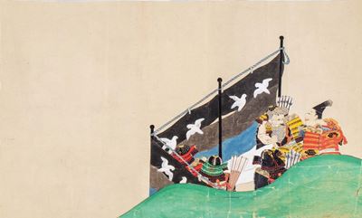 Dignitari in viaggio e samurai, tre dipinti su carta, Scuola Tosa, periodo Edo