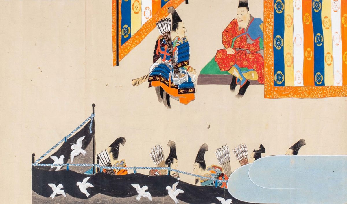 Giappone - Dignitari in viaggio e samurai, tre dipinti su carta, Scuola Tosa, periodo Edo