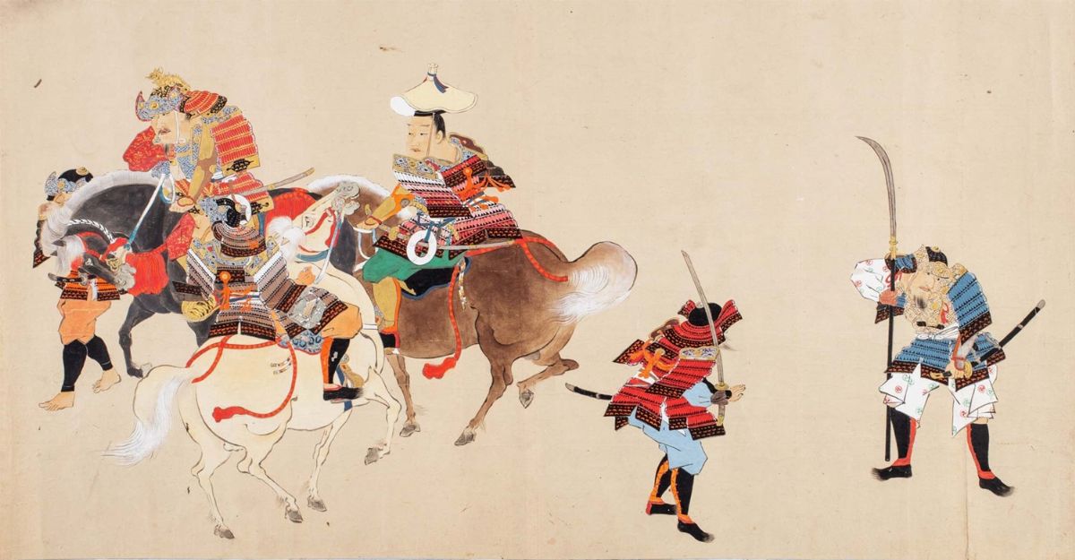 Giappone - Dignitari in viaggio e samurai, tre dipinti su carta, Scuola Tosa, periodo Edo