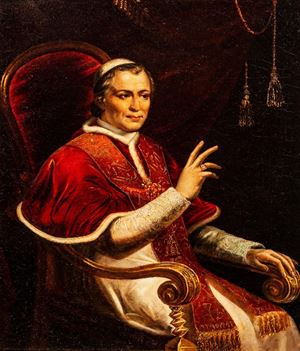 Portrait of the Pope Pius IX blessing sitting at three quarters, born Giovanni Maria Mastai Ferretti, head of the Catholic Church from 1846 to 1878 