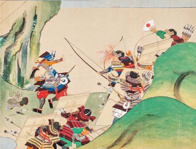 Scuola Tosa, Scena di battaglia con samurai e cavalli, quattro dipinti su carta