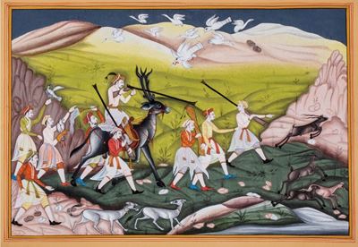Scena di caccia, miniatura a colori e oro su carta