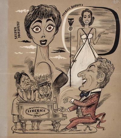 Caricature di Sandra Mondaini, Marisa Borroni e Liberace