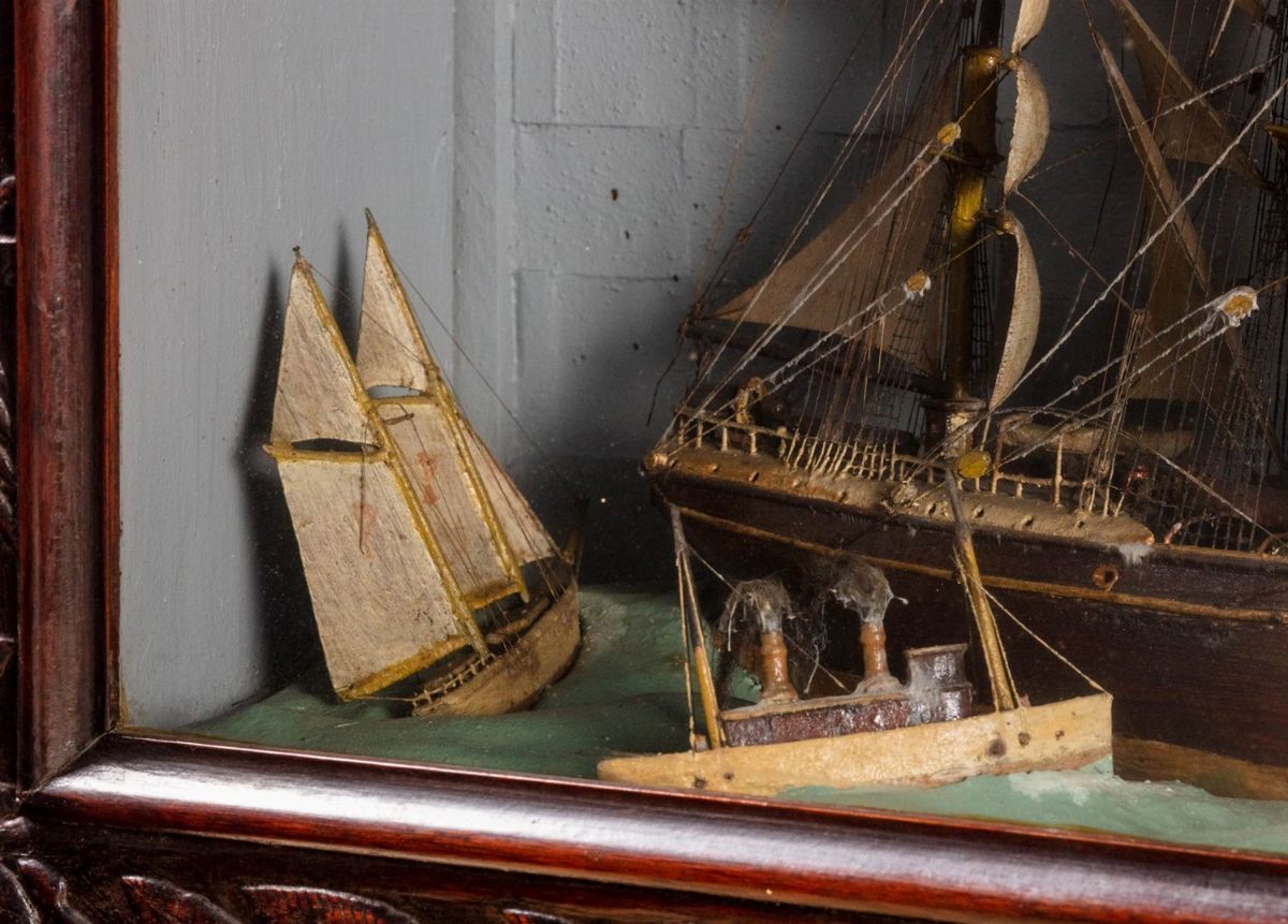 Diorama di veliero, legno dipinto e tessuto, 1900