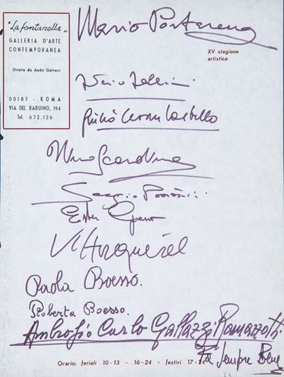 Fellini, Pagina firmata della galleria d'Arte Contemporanea 'La fontanella', Roma 1960