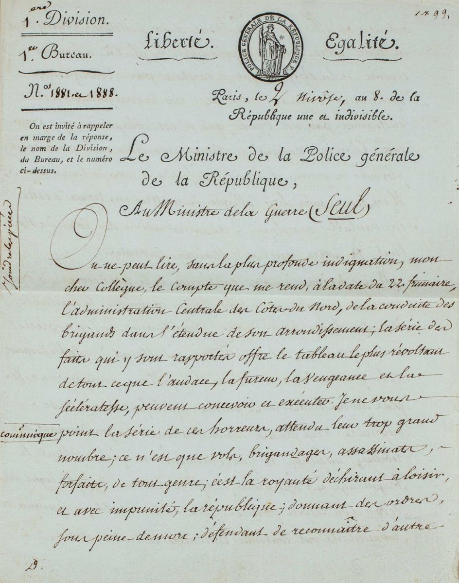 Joseph Fouché - Lettera autografa firmata, 1799
