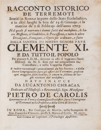 Racconto istorico de terremoti sentiti in Roma, e in parte dello Stato Ecclesiastico, 1704
