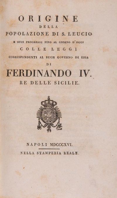 Zanghi, Origine della popolazione di S. Leucio - Stamperia Reale, Napoli, 1816