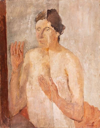 Donna dietro il vetro, olio su tavola