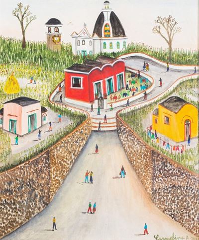 La strada e la chiesa, olio su tela