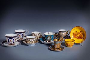 Group of eight porcelain cups with saucers, 20th century, of which two pairs