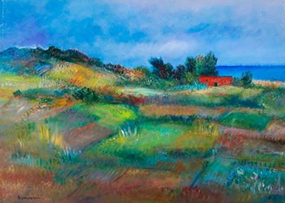Capanno rosso, olio su cartone