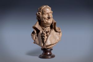 Terracotta bust, depicting a portrait of a smiling gentleman