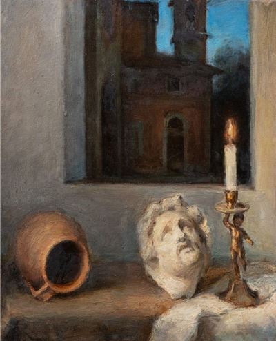 Natura morta con candela, olio su tela
