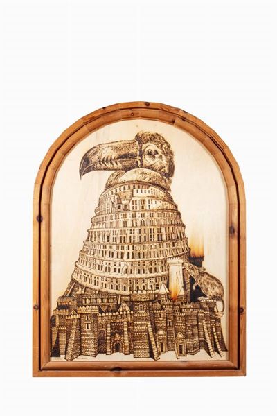Città assediata, pirografia su tavola, cm 100 x 70