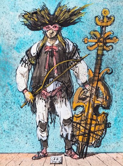 Bozzetto teatrale (Figura e strumento musicale), tecnica mista su carta applicata su cartoncino