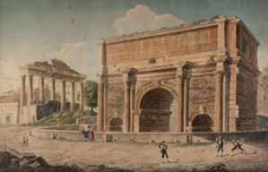 Roma - Arco nel Foro Romano con personaggi in costume 