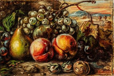 Natura morta con frutta (Frutta con pesche, pere e uva bianca), olio su cartone