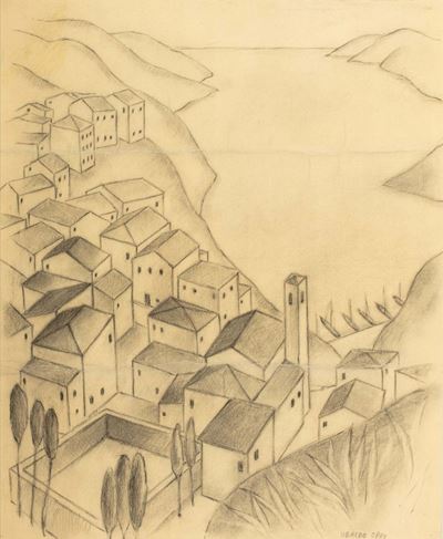 Paesaggio con porto, grafite su carta