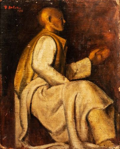 Figura seduta - Il profeta, olio su cartone