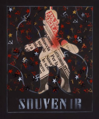 Souvenir, smalto e collage su tela