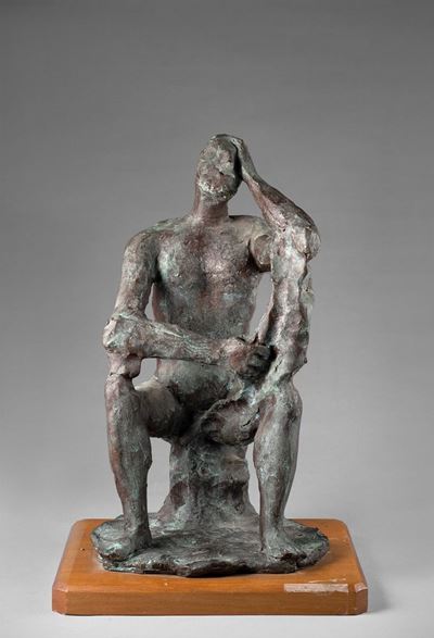 Uomo seduto pensatore, bronzo patina bruna, es. 7/20