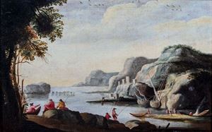 Coastal view with fishermen in the foreground