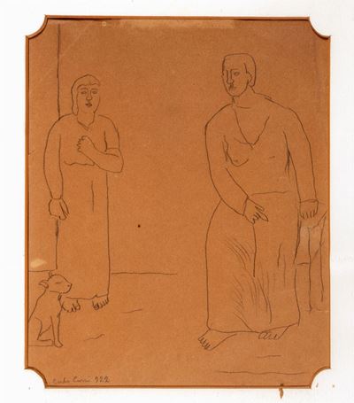 Due figure con cane, matita su carta