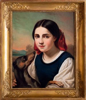 Half-length young woman with little dog
