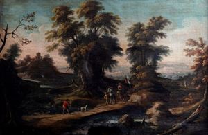 Paesaggio con ponte e viandanti