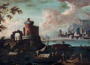 Paesaggio costiero con torre e astanti
