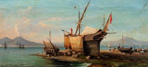 Boats in shed and fishermen on the shore of the Gulf of Sorrento