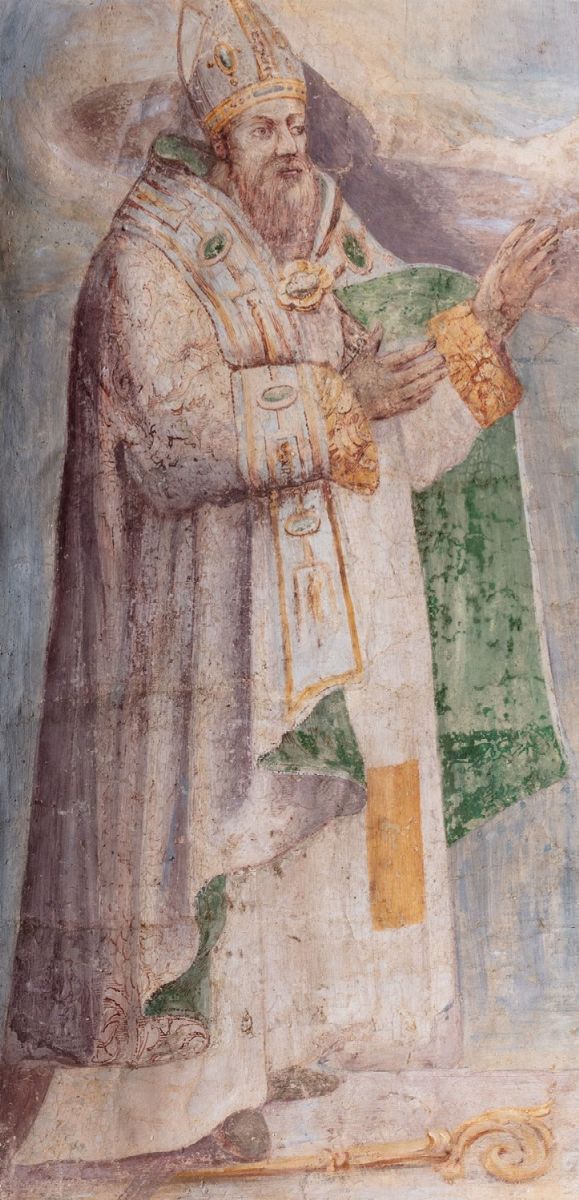 Scuola Romana, Fine Secolo XVI - Autore non identificato, Santa Lucia e Santo Vescovo, affresco a...