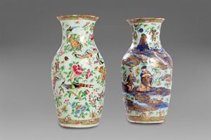 Coppia di vasi in porcellana colore Celadon e smalti policromi e oro, Cina secolo XIX