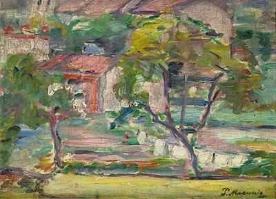 Paesaggio in collina, olio su cartone