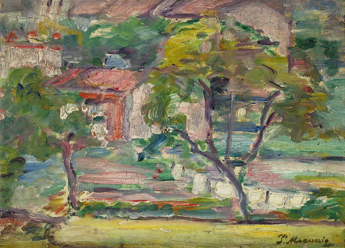Piero Marussig - Paesaggio in collina, olio su cartone