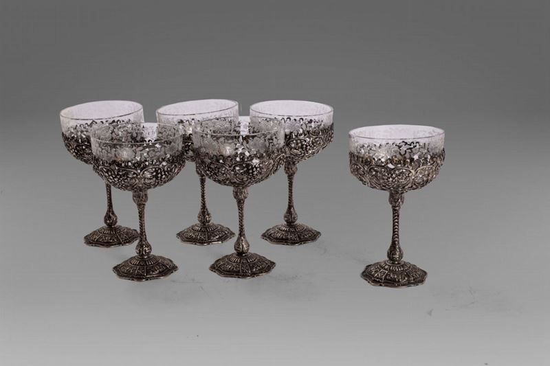 Servizio da sei coppe da champagne in cristallo e argento 800, Germania  fine secolo XIX - inizi secolo XX, Incanti d'Arte